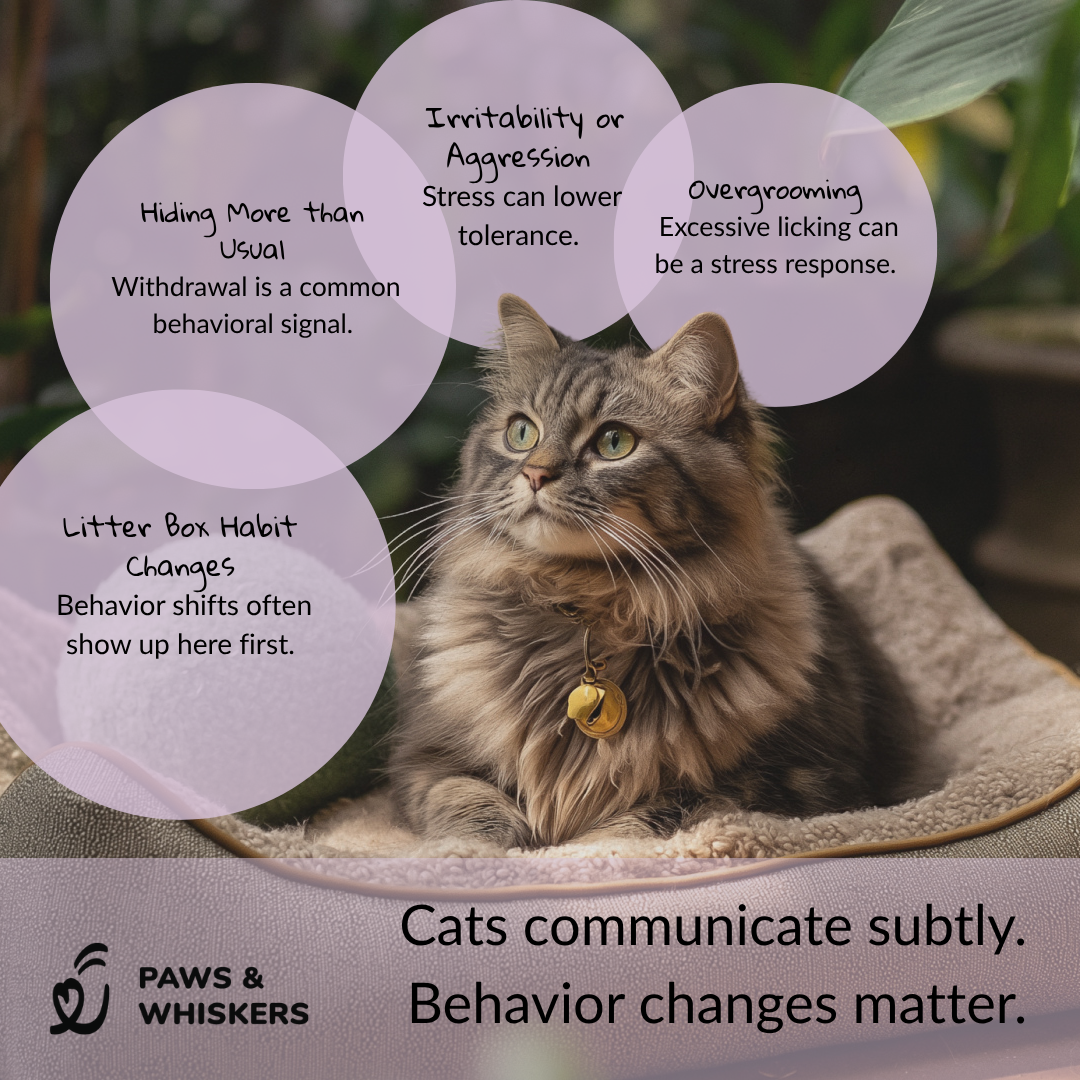 Paws & Whiskers educational graphic featuring a cat with common stress-related behavior changes, including hiding, irritability, overgrooming, and litter box habit changes.