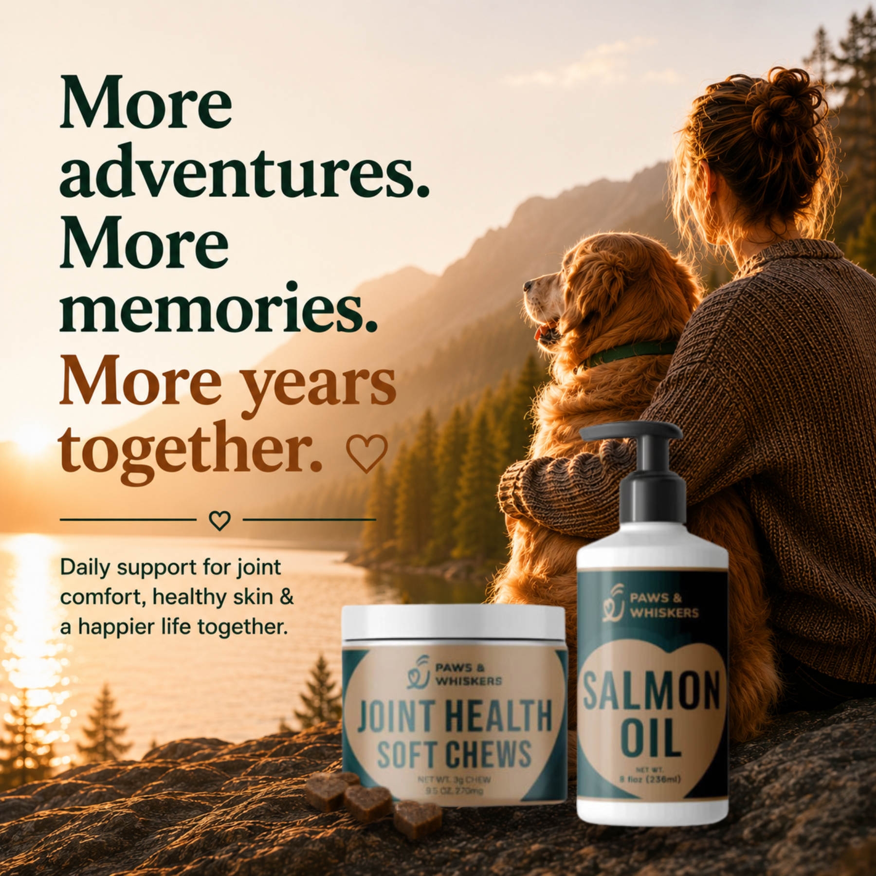 Paws & Whiskers bundle ad featuring a woman holding a golden retriever at sunset beside Joint Health Soft Chews and Salmon Oil.