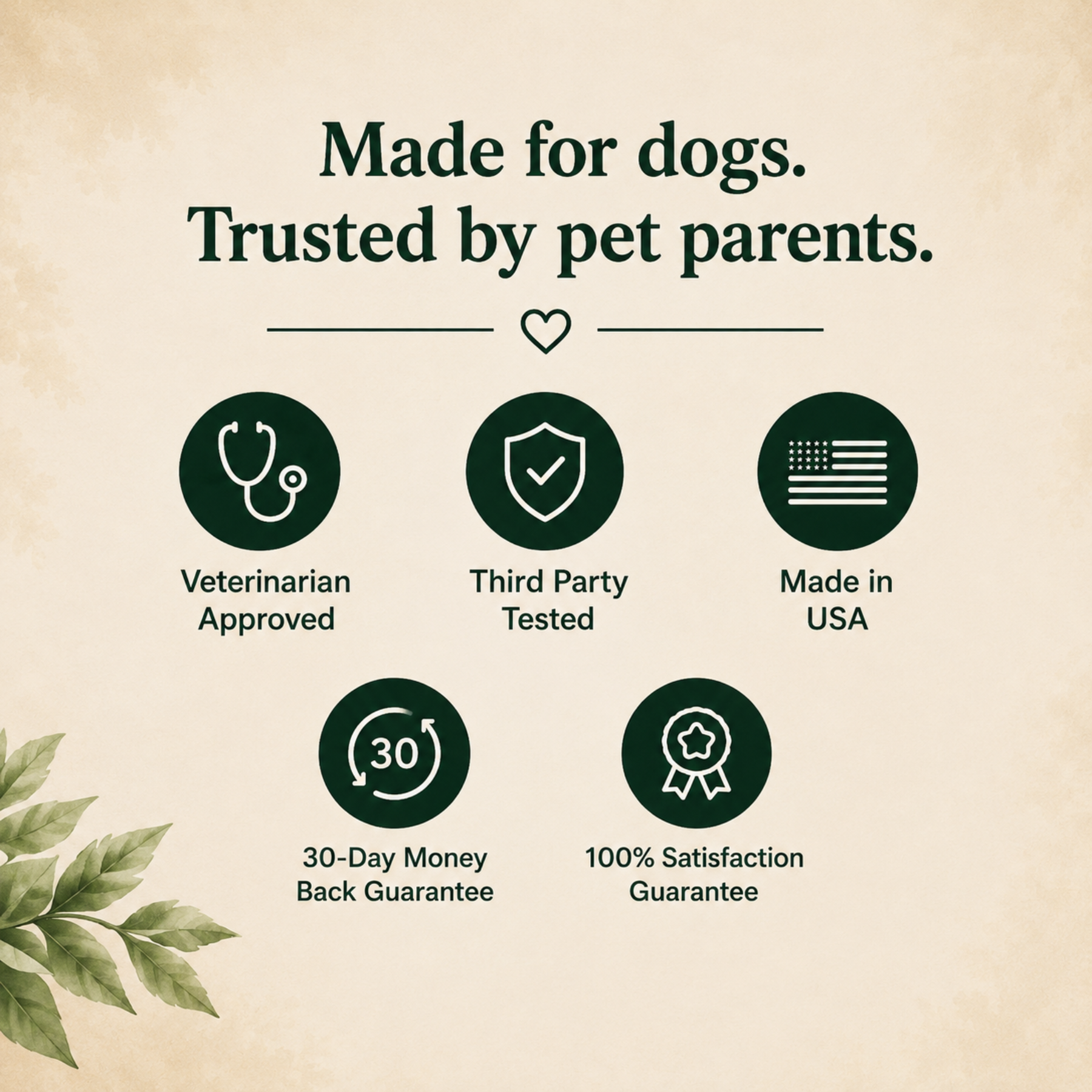 Paws & Whiskers trust graphic listing veterinarian approval, third-party testing, U.S. manufacturing, a 30-day money-back guarantee, and a satisfaction guarantee.