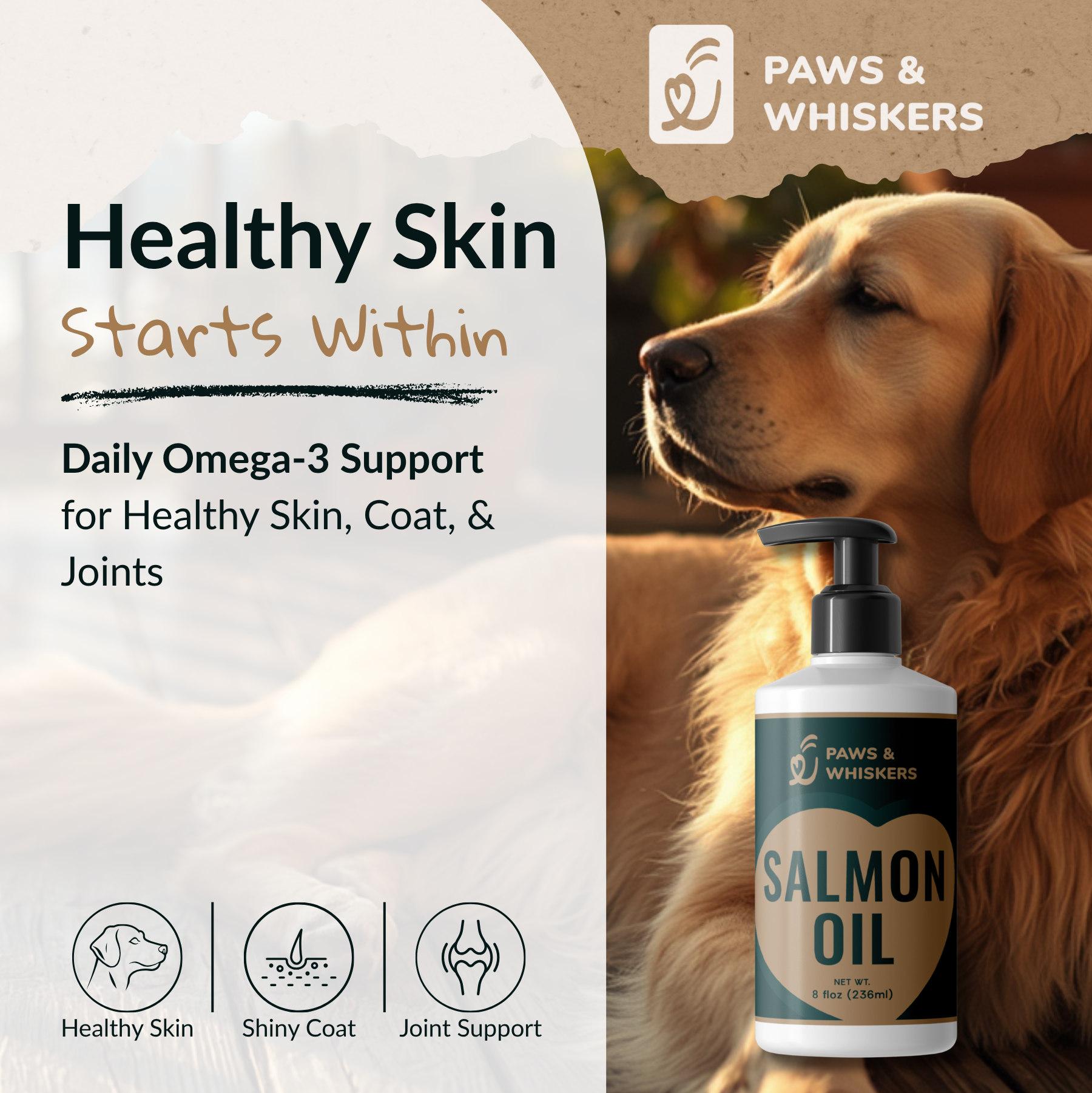 Paws & Whiskers salmon oil ad featuring a golden retriever and a pump bottle with messaging about skin, coat, and joint support.