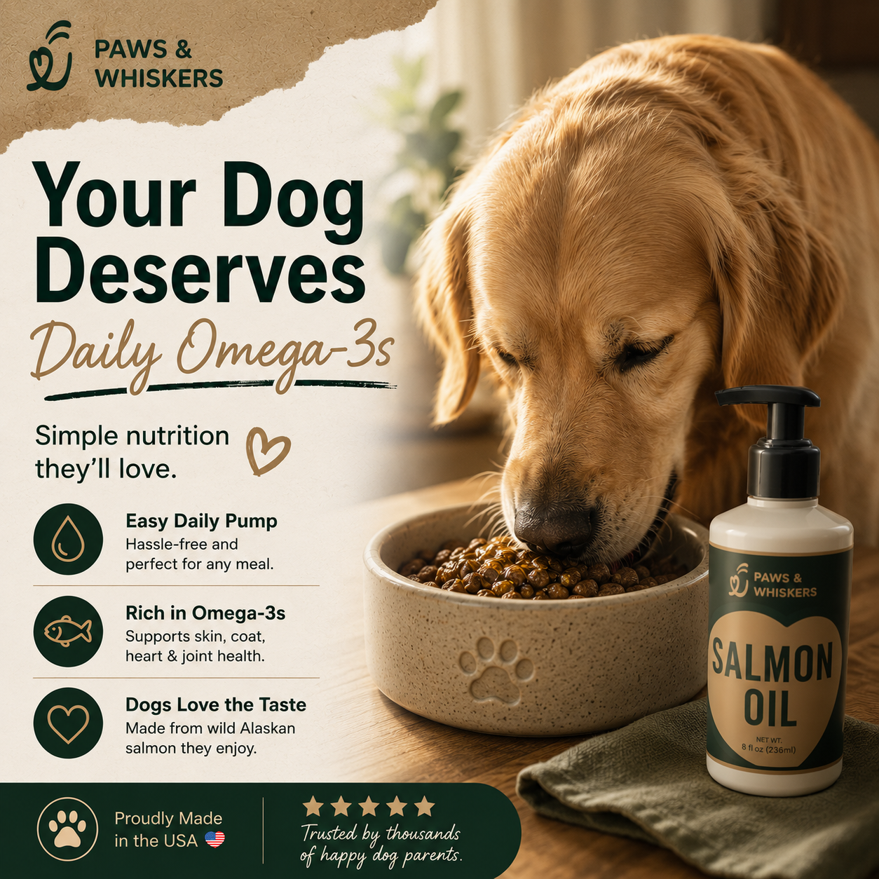 Paws & Whiskers salmon oil ad featuring a golden retriever eating from a bowl beside a pump bottle of salmon oil.